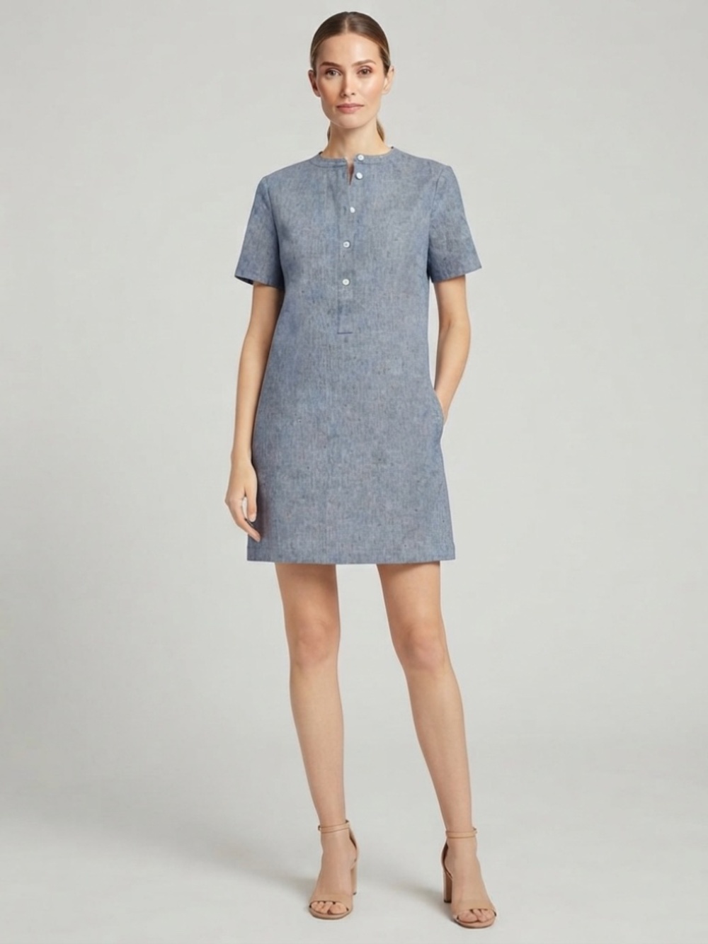 Theory Blue Linen Cotton Blend Shift Dress Size P Petite Short Sleeve